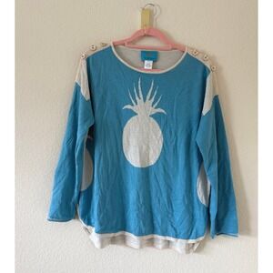 Islefield Womens Blue Pineapple Print Long Sleeve Knit Silk Wool Blend Sweater L